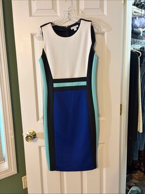 New York & Company White, Blue & Aqua Colorblock Midi Sheath Dress